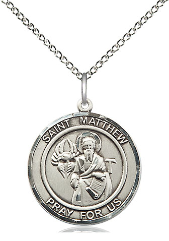 Sterling Silver Saint Matthew the Apostle Pendant on a 18 inch Sterling Silver Light Curb chain