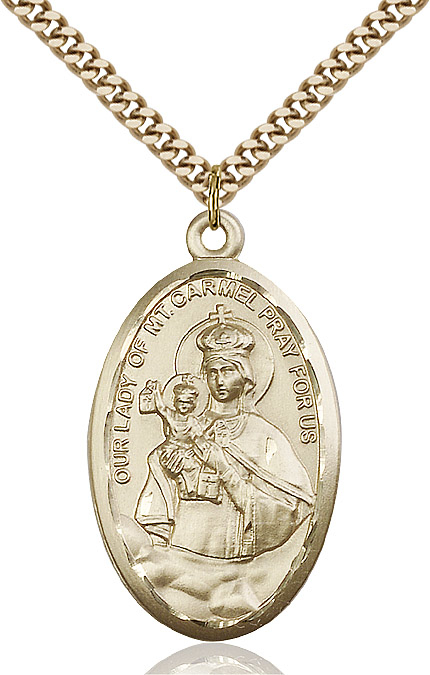 14kt Gold Filled Our Lady of Mount Carmel Pendant on a 24 inch Gold Plate Heavy Curb chain