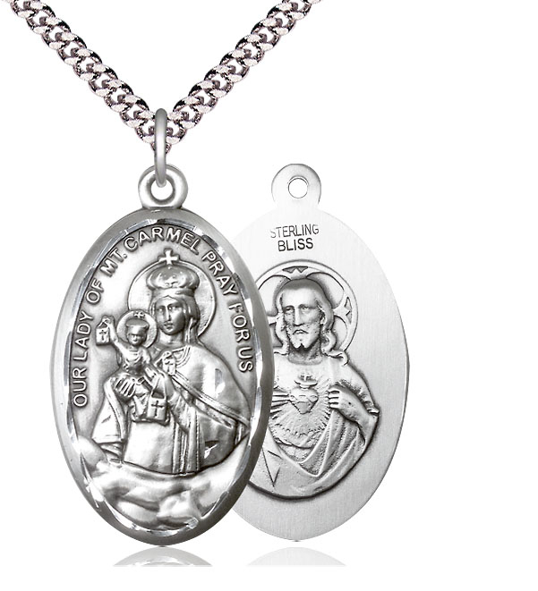 Sterling Silver Our Lady of Mount Carmel Pendant on a 24 inch Light Rhodium Heavy Curb chain