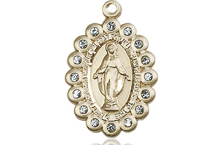 14kt Gold Miraculous Medal with Aqua Swarovski stones