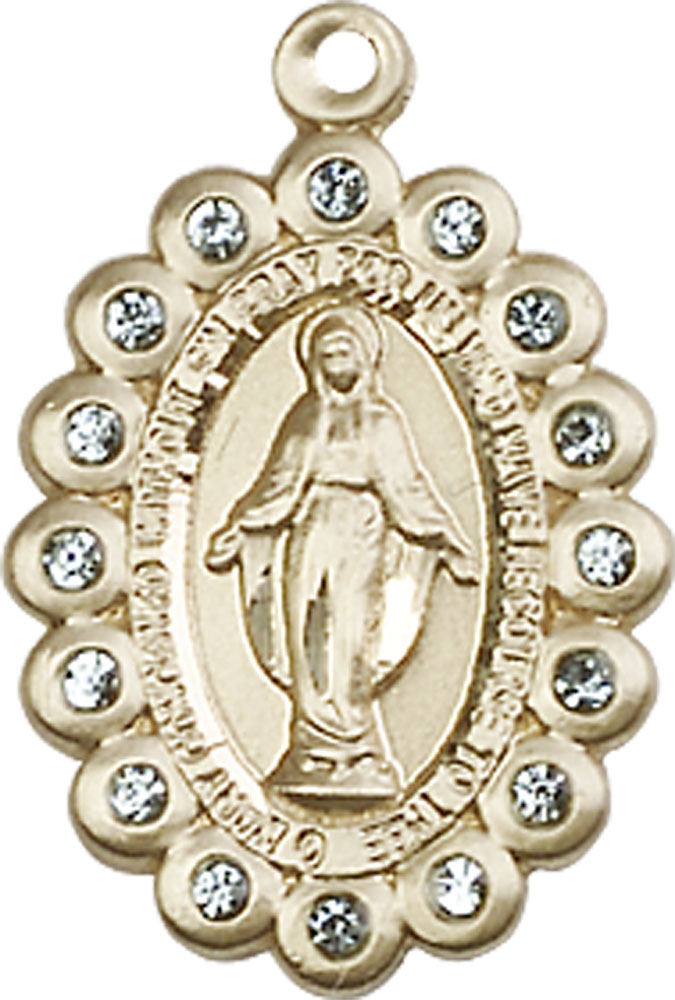 14kt Gold Miraculous Medal with Aqua Swarovski stones
