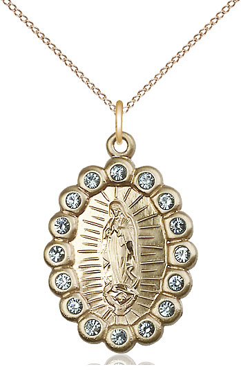 14kt Gold Filled Our Lady of Guadalupe Pendant with Aqua Swarovski stones on a 18 inch Gold Filled Light Curb chain