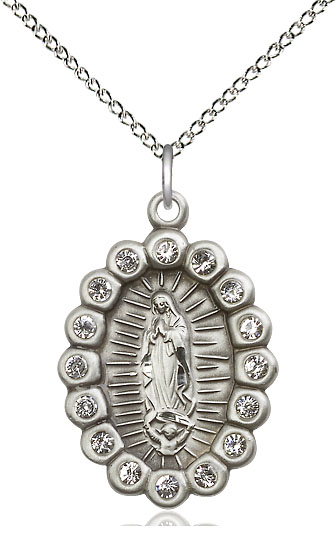 Sterling Silver Our Lady of Guadalupe Pendant with Crystal Swarovski stones on a 18 inch Sterling Silver Light Curb chain