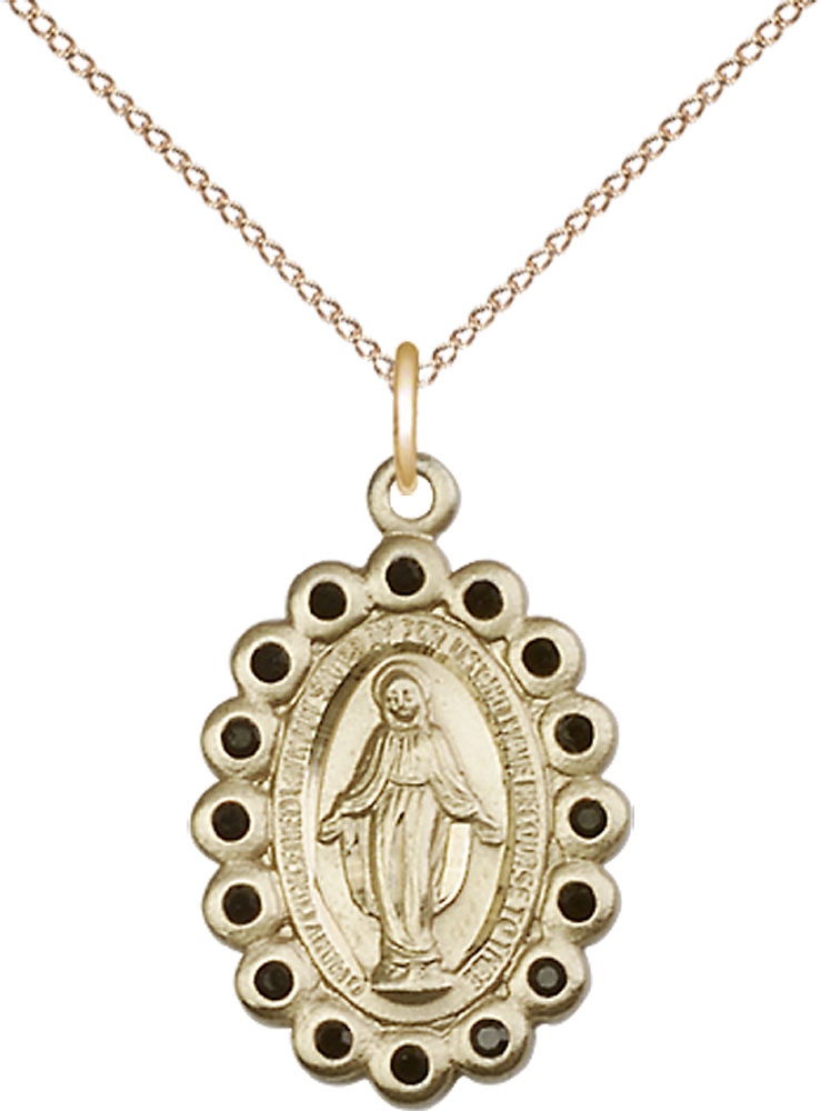 14kt Gold Filled Miraculous Pendant with Jet Swarovski stones on a 18 inch Gold Filled Light Curb chain
