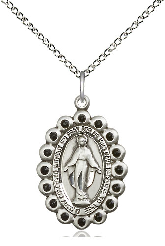 Sterling Silver Miraculous Pendant with Jet Swarovski stones on a 18 inch Sterling Silver Light Curb chain
