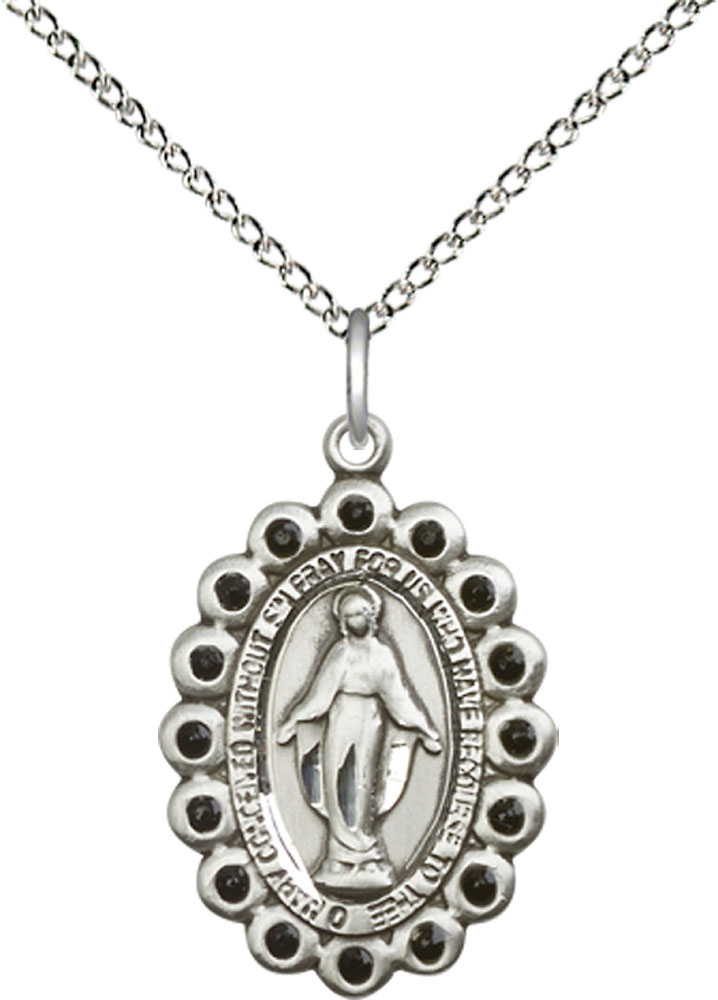 Sterling Silver Miraculous Pendant with Jet Swarovski stones on a 18 inch Sterling Silver Light Curb chain