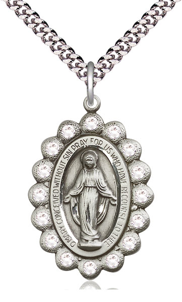 Sterling Silver Miraculous Pendant on a 24 inch Light Rhodium Heavy Curb chain