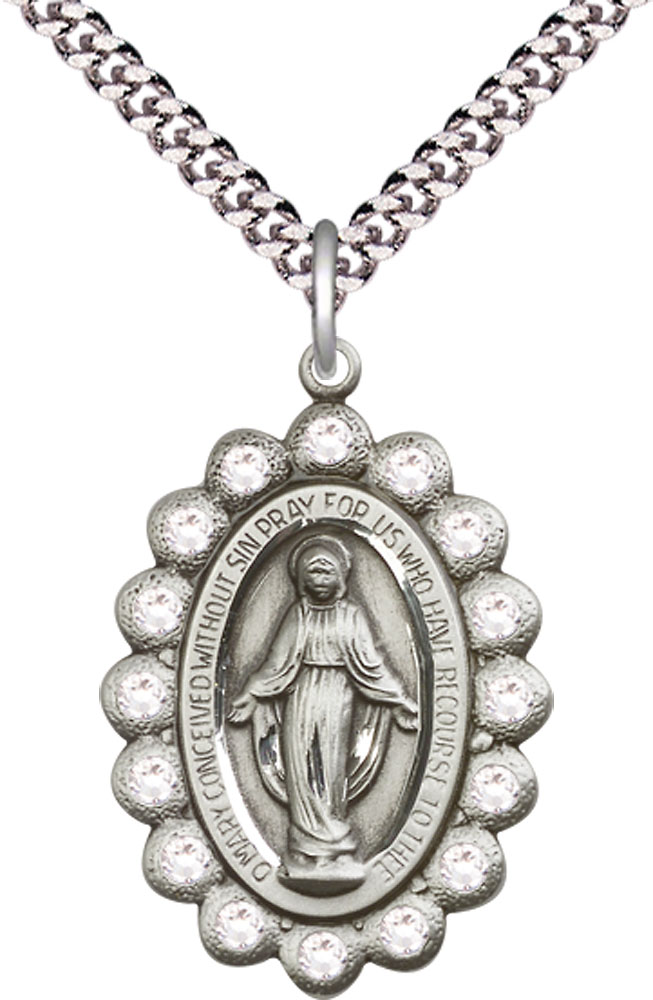 Sterling Silver Miraculous Pendant on a 24 inch Light Rhodium Heavy Curb chain