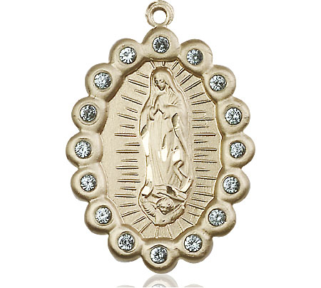 14kt Gold Our Lady of Guadalupe Medal with Aqua Swarovski stones