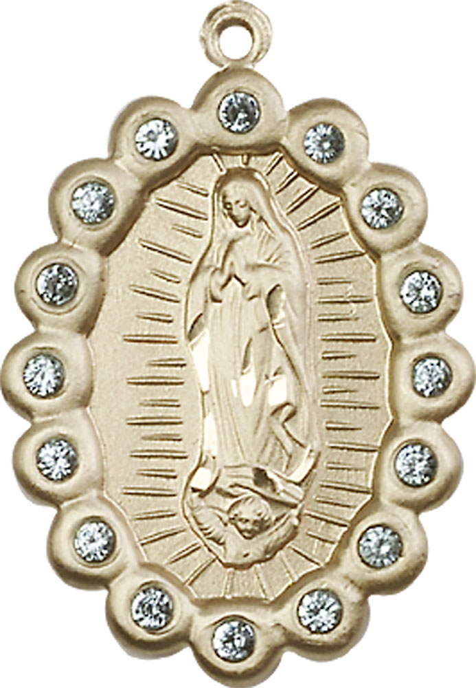 14kt Gold Our Lady of Guadalupe Medal with Aqua Swarovski stones