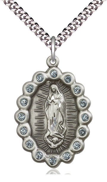 Sterling Silver Our Lady of Guadalupe Pendant on a 24 inch Light Rhodium Heavy Curb chain