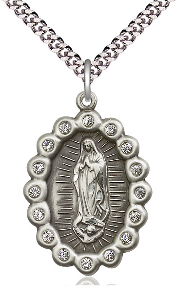 Sterling Silver Our Lady of Guadalupe Pendant on a 24 inch Light Rhodium Heavy Curb chain