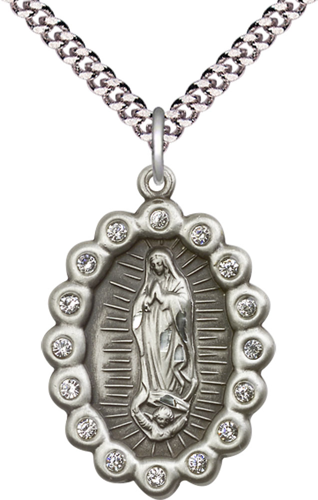 Sterling Silver Our Lady of Guadalupe Pendant on a 24 inch Light Rhodium Heavy Curb chain
