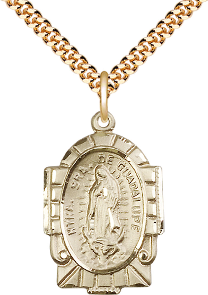 14kt Gold Filled Our Lady of Guadalupe Pendant on a 24 inch Gold Plate Heavy Curb chain