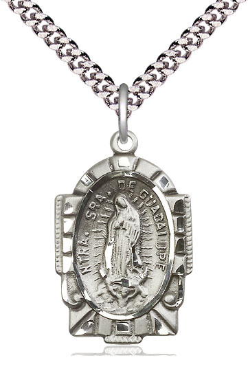 Sterling Silver Our Lady of Guadalupe Pendant on a 24 inch Light Rhodium Heavy Curb chain