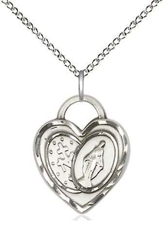 Sterling Silver Miraculous Heart Pendant on a 18 inch Sterling Silver Light Curb chain