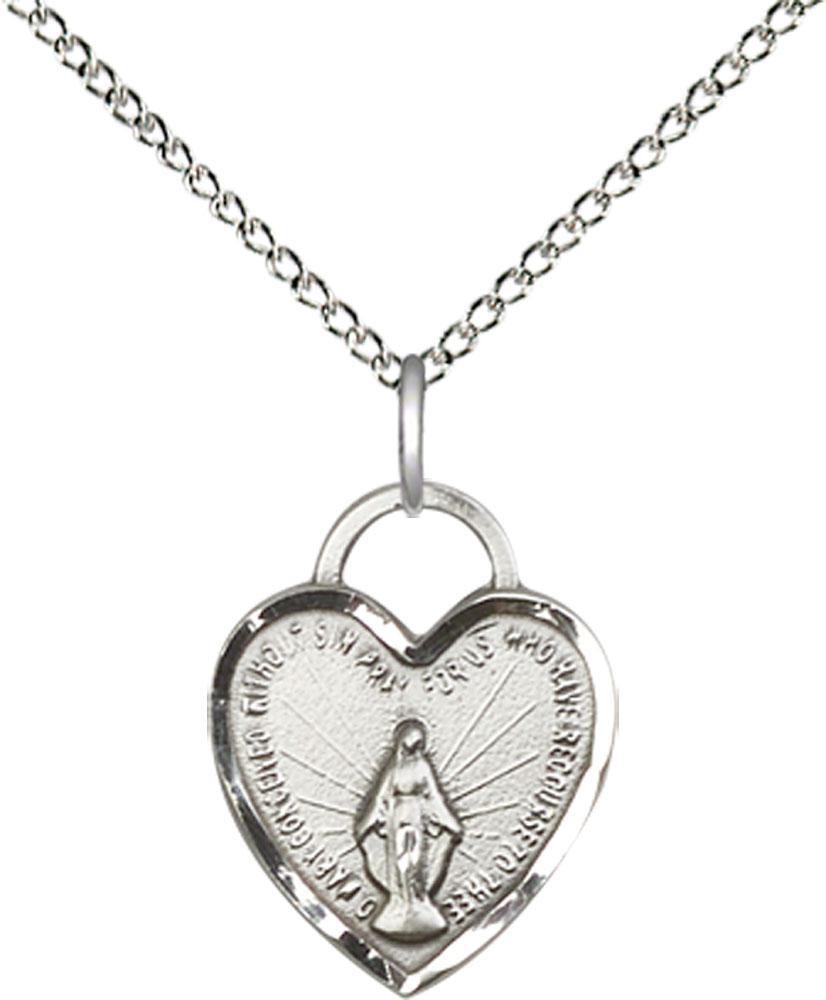 Sterling Silver Miraculous Heart Pendant on a 18 inch Sterling Silver Light Curb chain