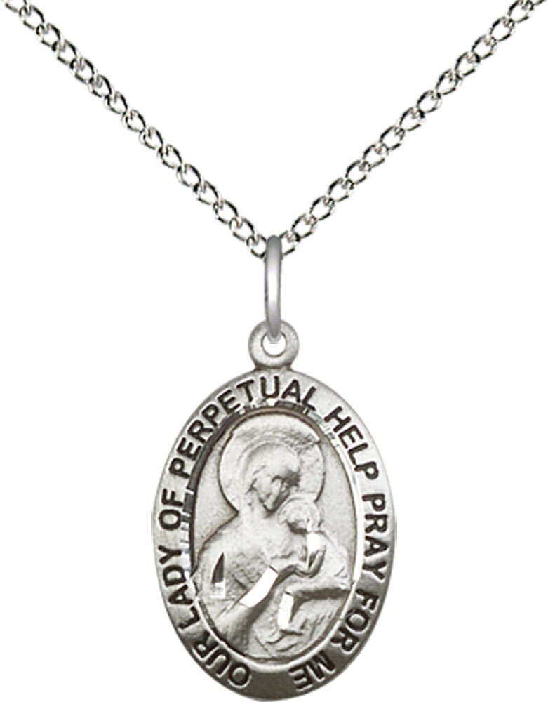 Sterling Silver Our Lady of Perpetual Help Pendant on a 18 inch Sterling Silver Light Curb chain