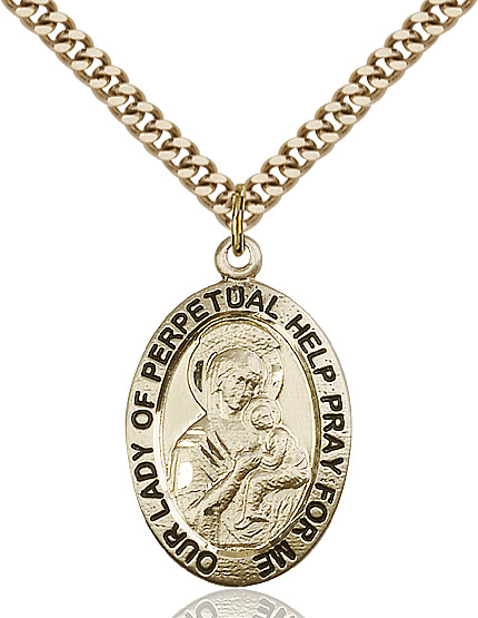 14kt Gold Filled Our Lady of Perpetual Help Pendant on a 24 inch Gold Plate Heavy Curb chain