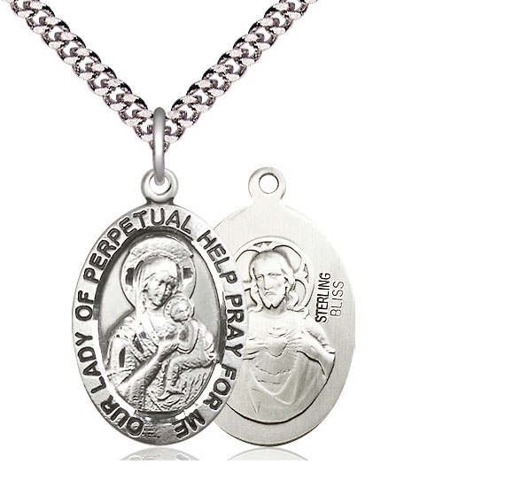 Sterling Silver Our Lady of Perpetual Help Pendant on a 24 inch Light Rhodium Heavy Curb chain