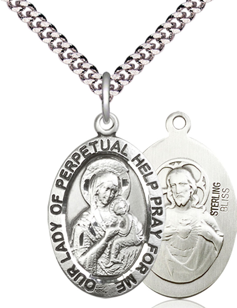 Sterling Silver Our Lady of Perpetual Help Pendant on a 24 inch Light Rhodium Heavy Curb chain