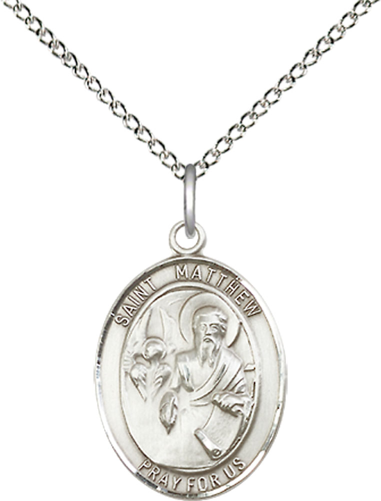 Sterling Silver Saint Matthew the Apostle Pendant on a 18 inch Sterling Silver Light Curb chain