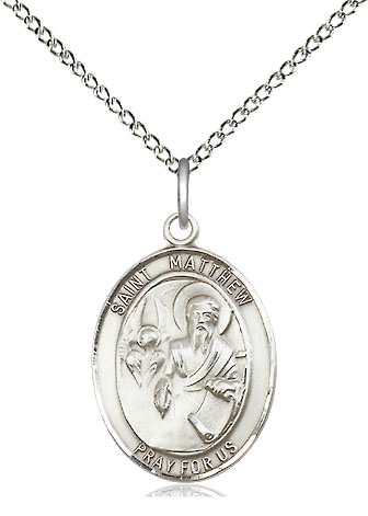 Sterling Silver Saint Matthew the Apostle Pendant on a 18 inch Sterling Silver Light Curb chain