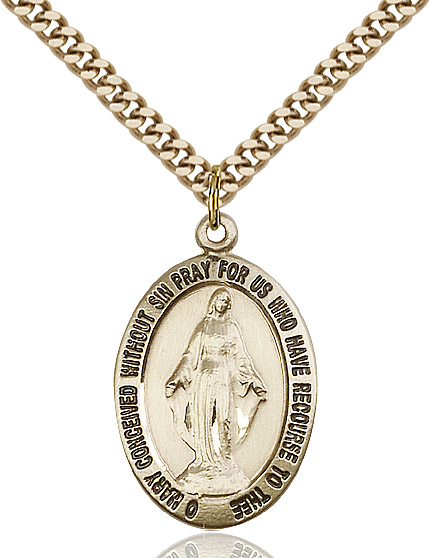 14kt Gold Filled Miraculous Pendant on a 24 inch Gold Plate Heavy Curb chain