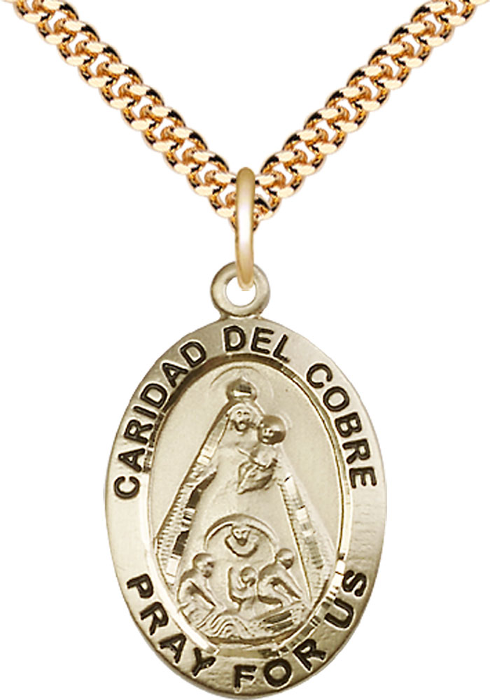14kt Gold Filled Caridad del Cobre Pendant on a 24 inch Gold Plate Heavy Curb chain