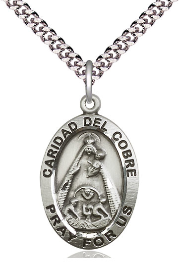 Sterling Silver Caridad del Cobre Pendant on a 24 inch Light Rhodium Heavy Curb chain