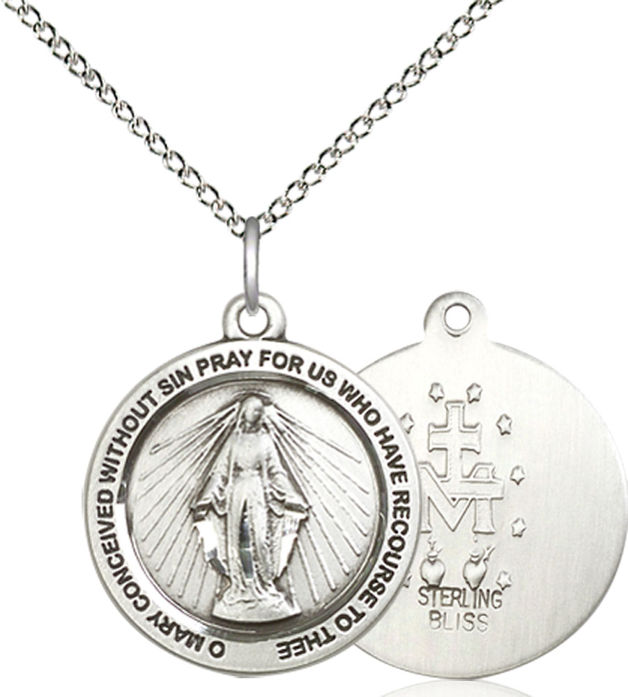 Sterling Silver Miraculous Pendant on a 18 inch Sterling Silver Light Curb chain