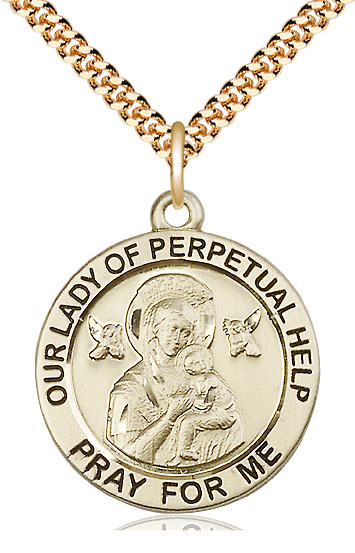 14kt Gold Filled Our Lady of Perpetual Help Pendant on a 24 inch Gold Plate Heavy Curb chain