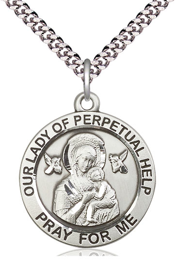 Sterling Silver Our Lady of Perpetual Help Pendant on a 24 inch Light Rhodium Heavy Curb chain