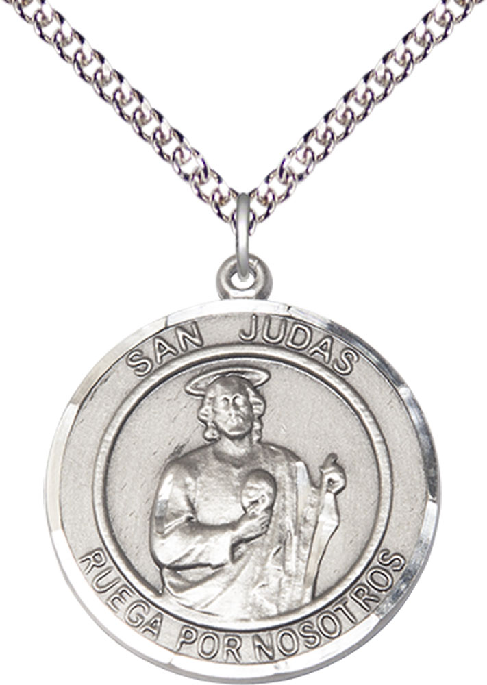 Sterling Silver San Judas Pendant on a 24 inch Sterling Silver Heavy Curb chain