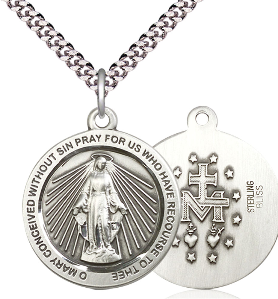 Sterling Silver Miraculous Pendant on a 24 inch Light Rhodium Heavy Curb chain