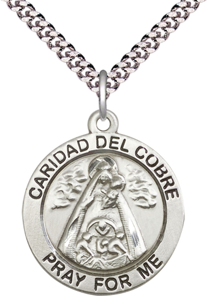 Sterling Silver Caridad del Cobre Pendant on a 24 inch Light Rhodium Heavy Curb chain