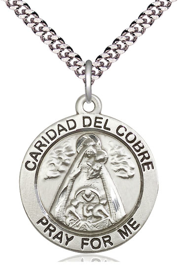 Sterling Silver Caridad del Cobre Pendant on a 24 inch Light Rhodium Heavy Curb chain