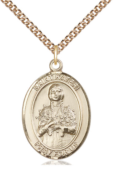 14kt Gold Filled Saint Kateri Tekakwitha Pendant on a 24 inch Gold Filled Heavy Curb chain