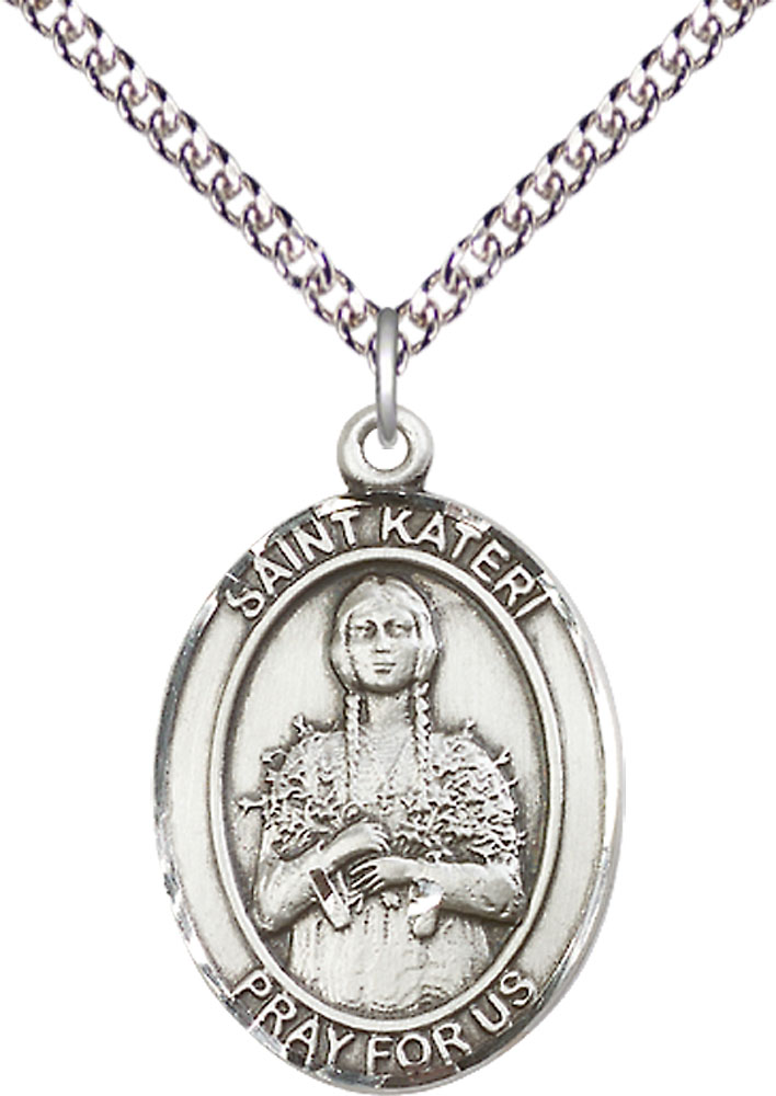 Sterling Silver Saint Kateri Tekakwitha Pendant on a 24 inch Sterling Silver Heavy Curb chain