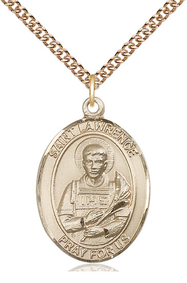 14kt Gold Filled Saint Lawrence Pendant on a 24 inch Gold Filled Heavy Curb chain