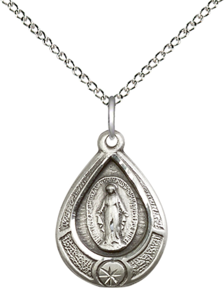 Sterling Silver Miraculous Pendant on a 18 inch Sterling Silver Light Curb chain