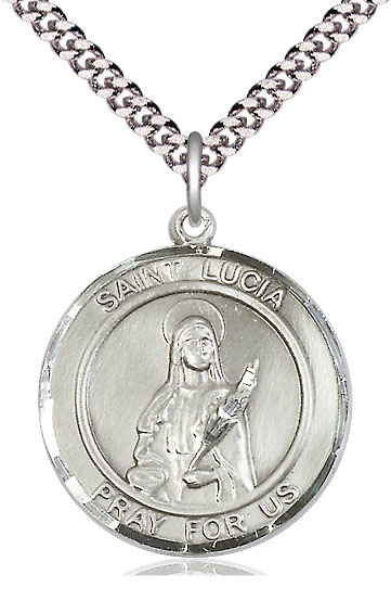 Sterling Silver Saint Lucia of Syracuse Pendant on a 24 inch Light Rhodium Heavy Curb chain