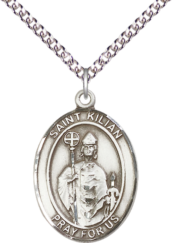 Sterling Silver Saint Kilian Pendant on a 24 inch Sterling Silver Heavy Curb chain