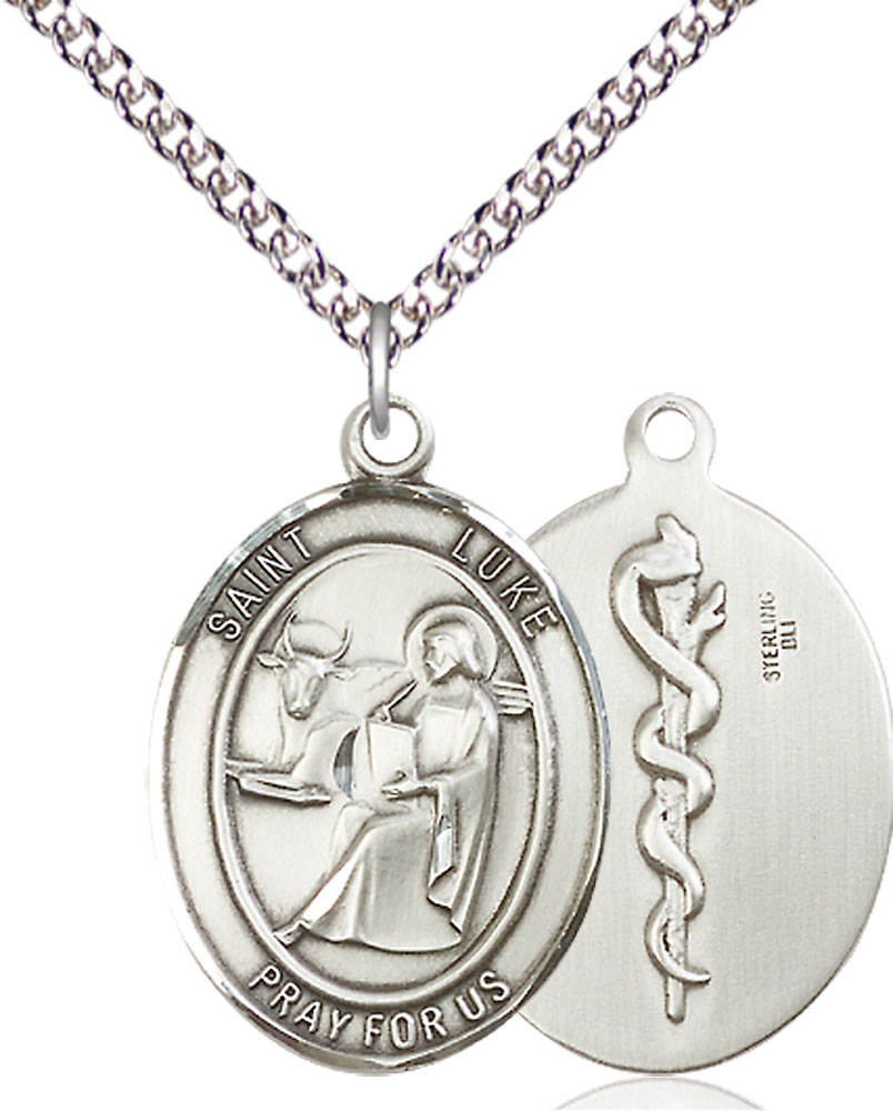 Sterling Silver Saint Luke the Apostle Doctor Pendant on a 24 inch Sterling Silver Heavy Curb chain