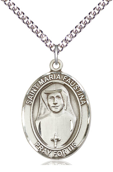 Sterling Silver Saint Maria Faustina Pendant on a 24 inch Sterling Silver Heavy Curb chain