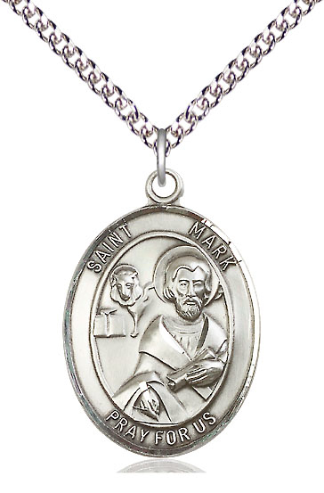 Sterling Silver Saint Mark the Evangelist Pendant on a 24 inch Sterling Silver Heavy Curb chain