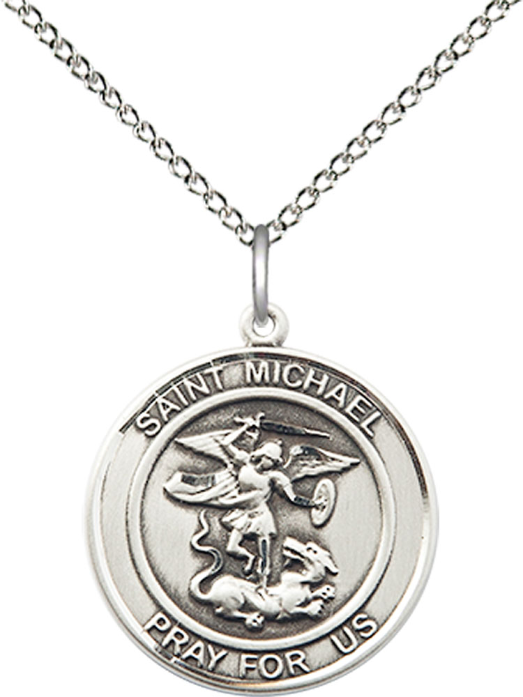 Sterling Silver Saint Michael the Archangel Pendant on a 18 inch Sterling Silver Light Curb chain