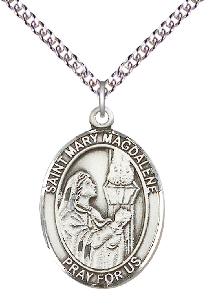 Sterling Silver Saint Mary Magdalene Pendant on a 24 inch Sterling Silver Heavy Curb chain