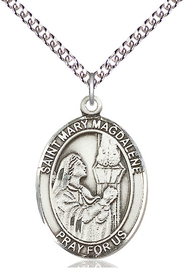 Sterling Silver Saint Mary Magdalene Pendant on a 24 inch Sterling Silver Heavy Curb chain