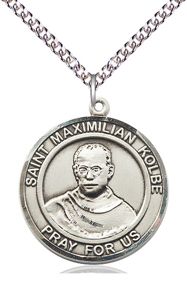 Sterling Silver Saint Maximilian Kolbe Pendant on a 24 inch Sterling Silver Heavy Curb chain